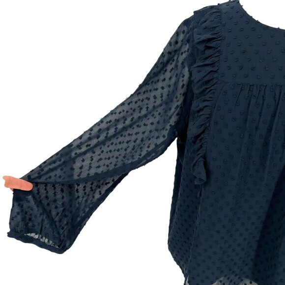 J.Crew Swiss Dot Ruffle Trim Long Sleeve Blouse Navy Blue Size 16 - Picture 4 of 11